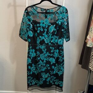 SHANI Cocktail Elegant Black and Teal Floral Lace Embroidered Novelty Midi Dress